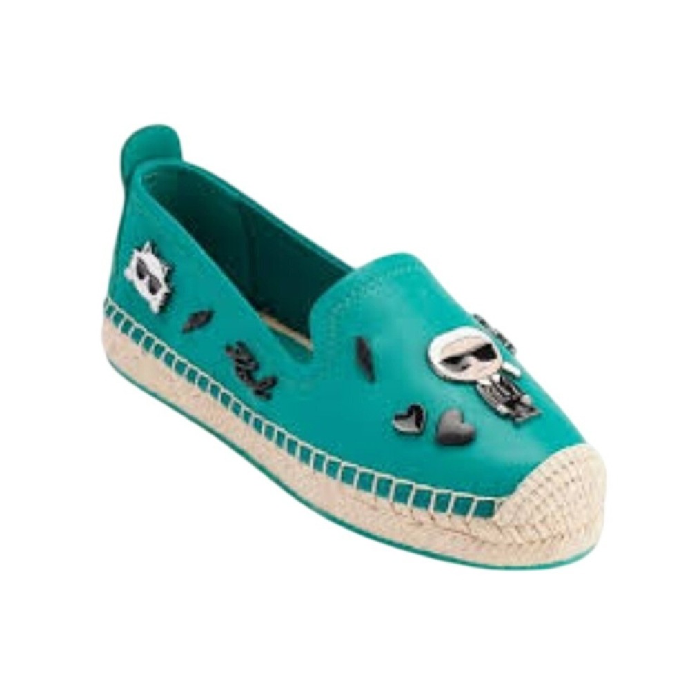 Karl Lagerfeld Paris Michaela Teal Leather Espadrille Flats Charms 8M 38.5B